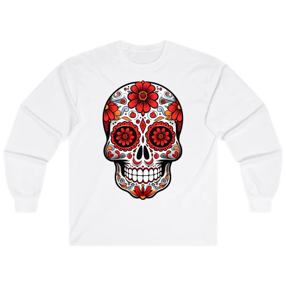 Vibrant Floral Calavera Sugar Skull Design Long Sleeve in White