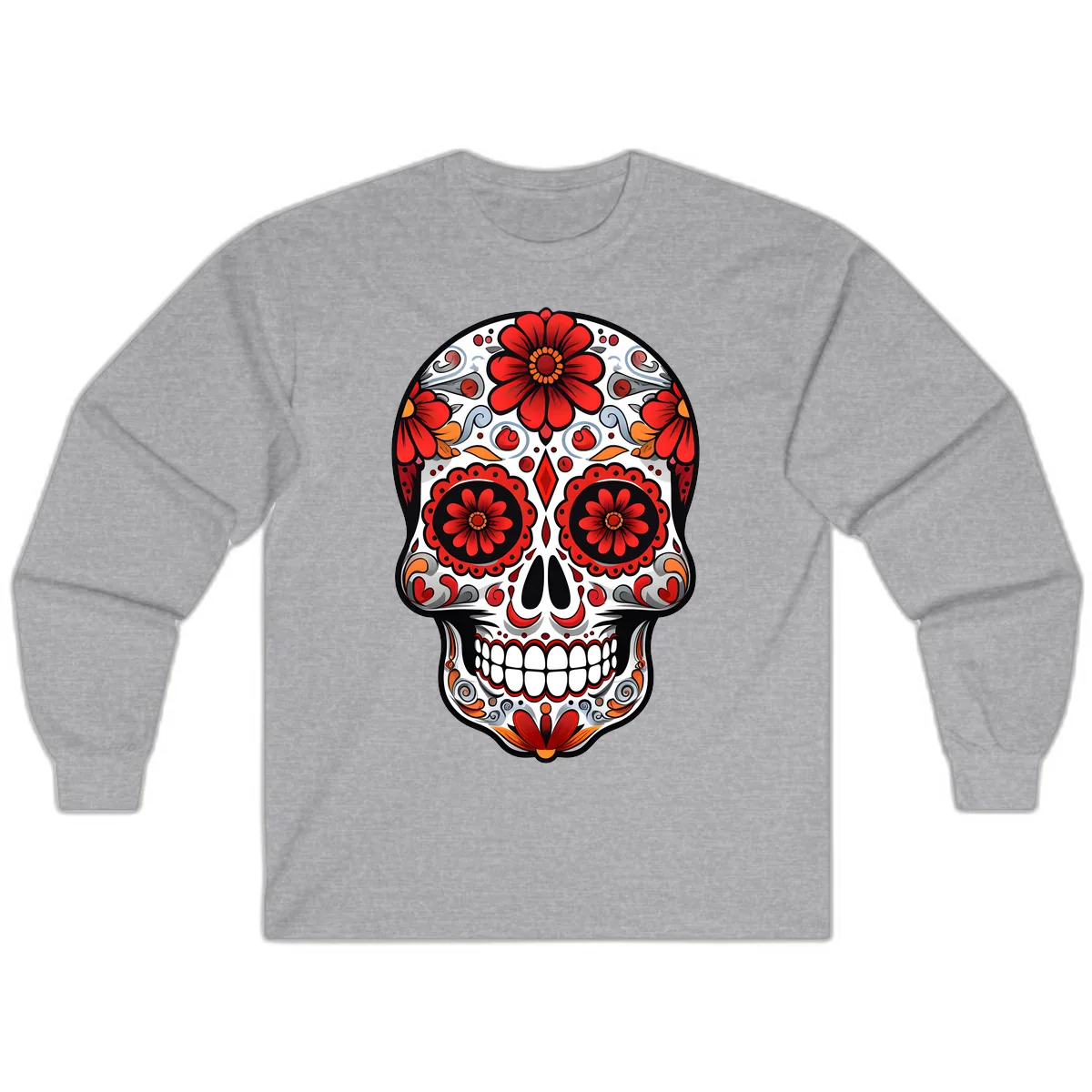 Vibrant Floral Calavera Sugar Skull Design Long Sleeve in Sport Grey