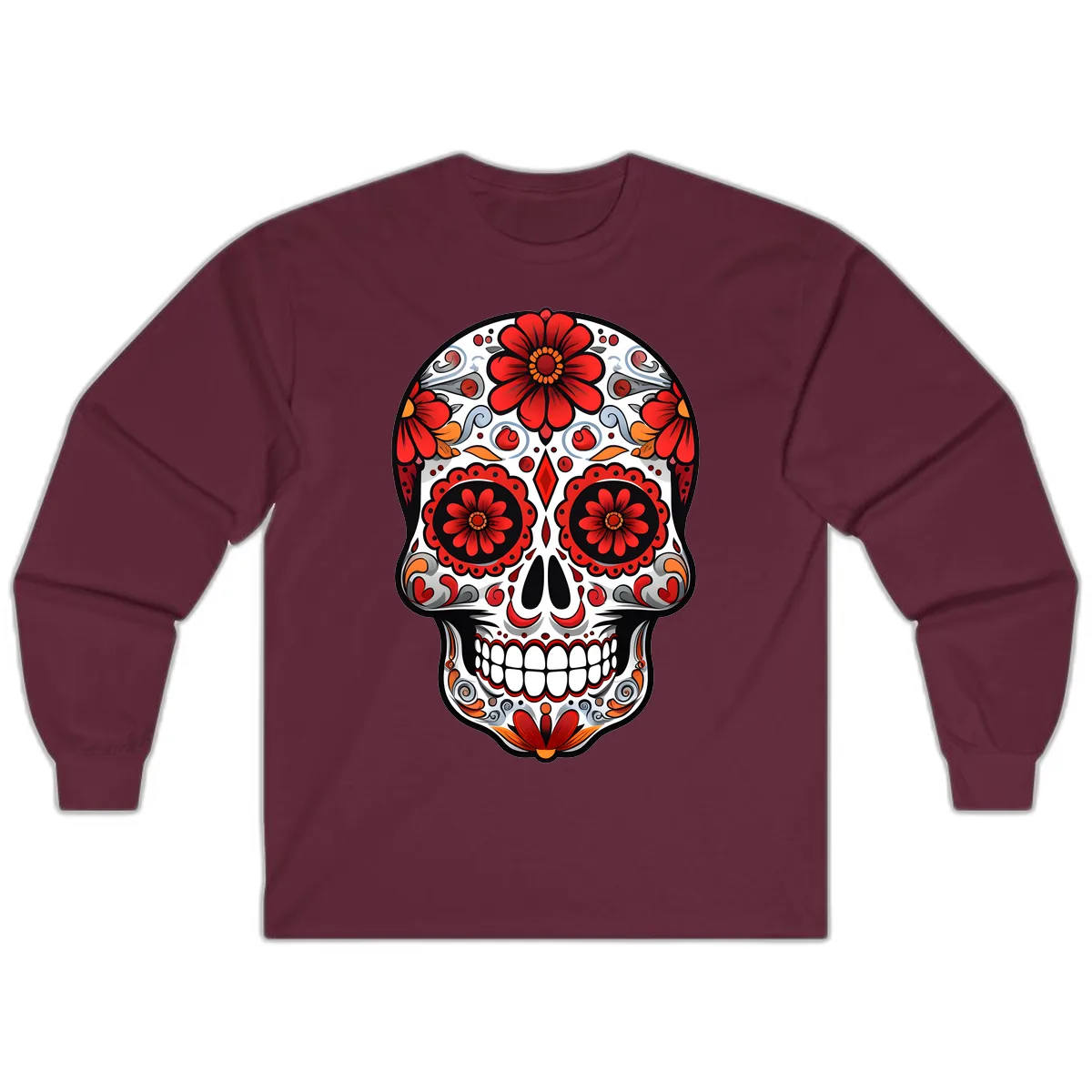 Vibrant Floral Calavera Sugar Skull Design Long Sleeve in Maroon