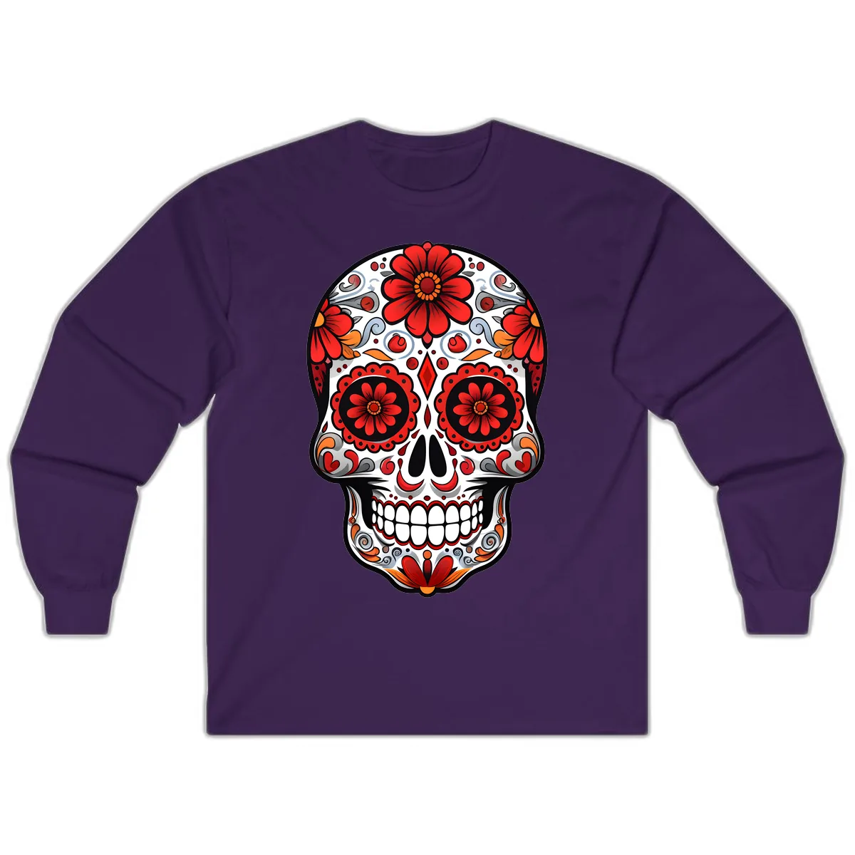 Vibrant Floral Calavera Sugar Skull Design Long Sleeve in Purple