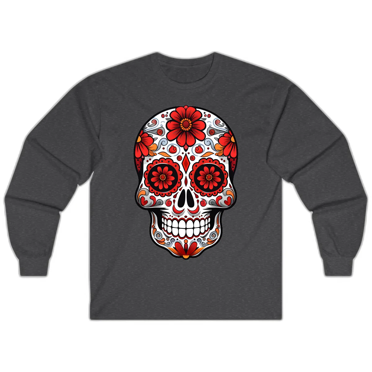 Vibrant Floral Calavera Sugar Skull Design Long Sleeve in Dark Heather