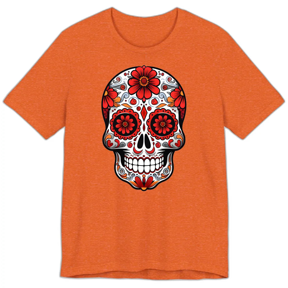 Vibrant Floral Calavera Sugar Skull Design Premium T-Shirt in Heather Orange