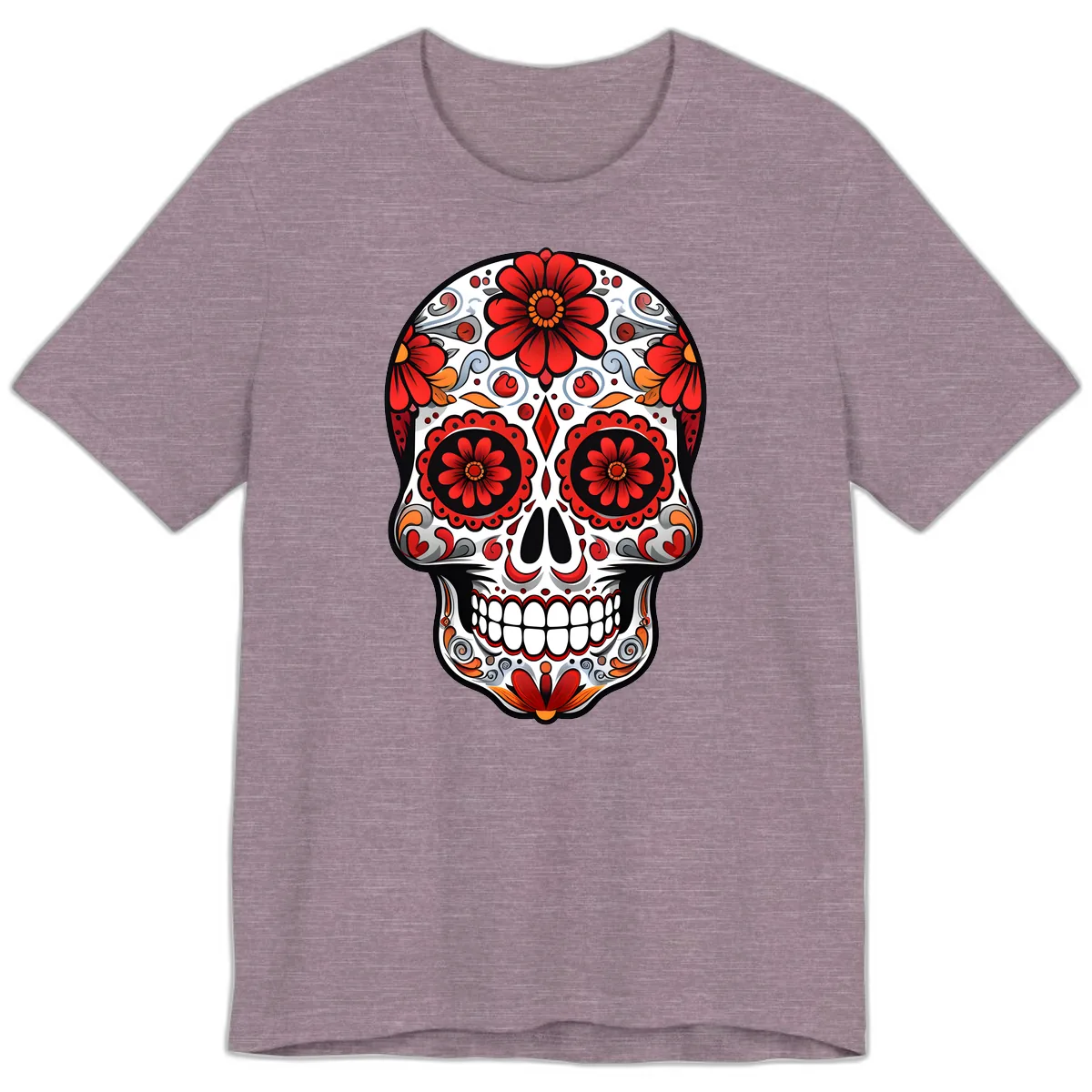 Vibrant Floral Calavera Sugar Skull Design Premium T-Shirt in Heather Purple
