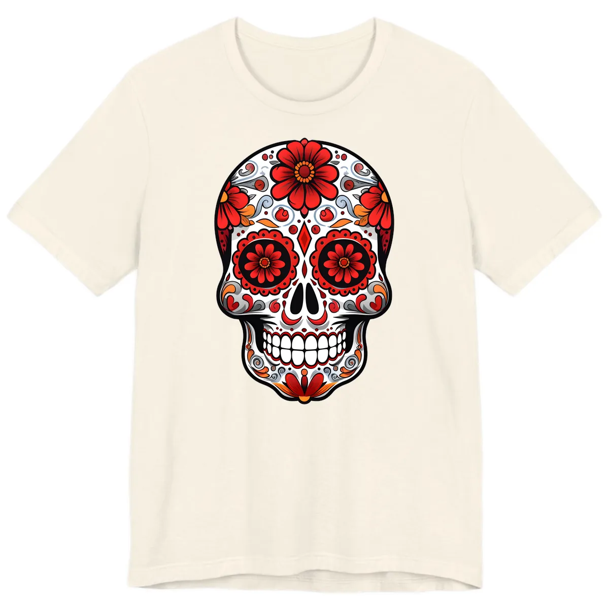 Vibrant Floral Calavera Sugar Skull Design Premium T-Shirt in Natural