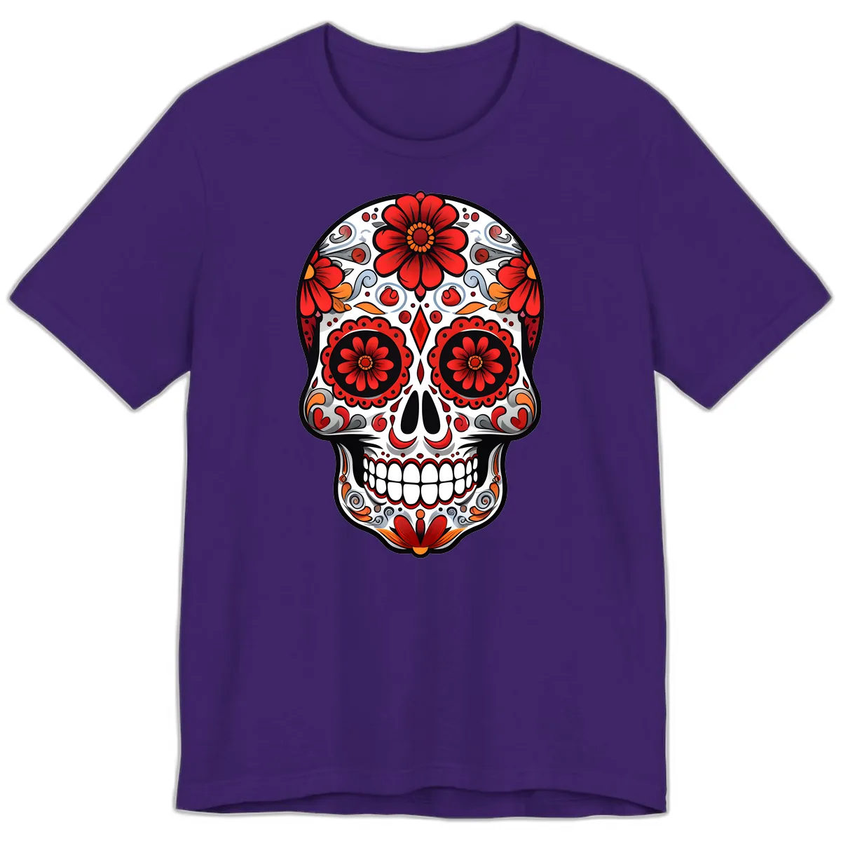 Vibrant Floral Calavera Sugar Skull Design Premium T-Shirt in Team Purple