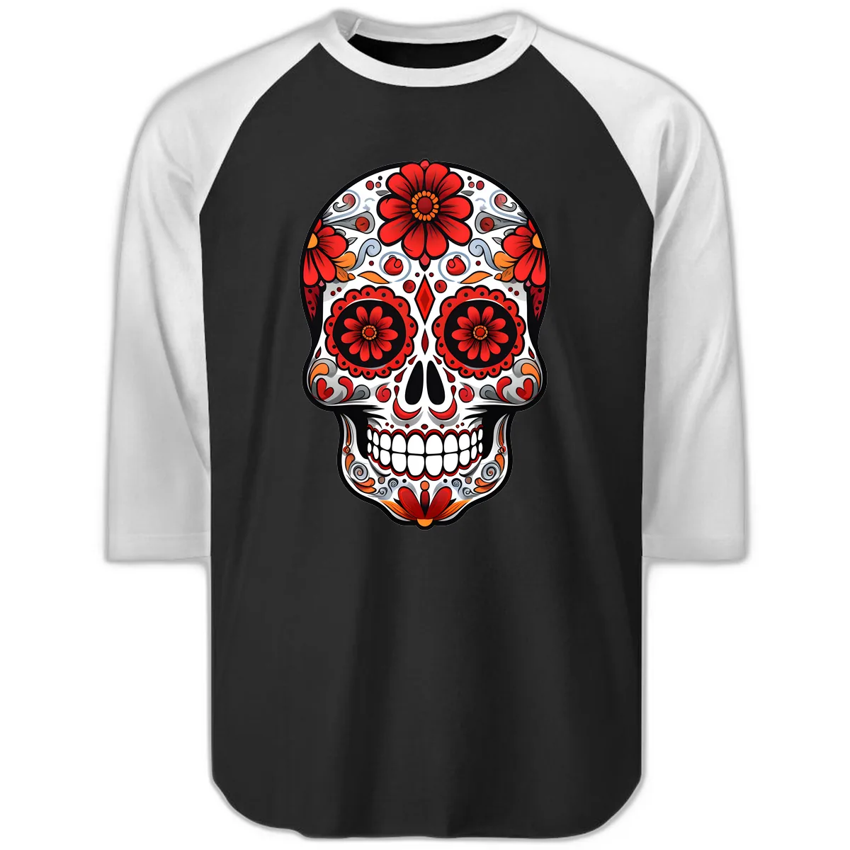 Vibrant Floral Calavera Sugar Skull Design Raglan 3/4 in Black White