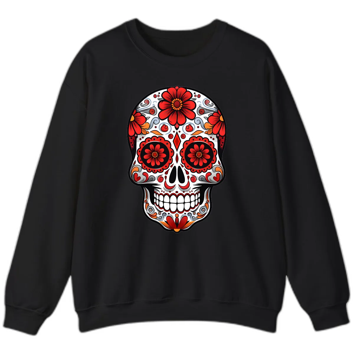 Vibrant Floral Calavera Sugar Skull Design Sweatshirt in Black