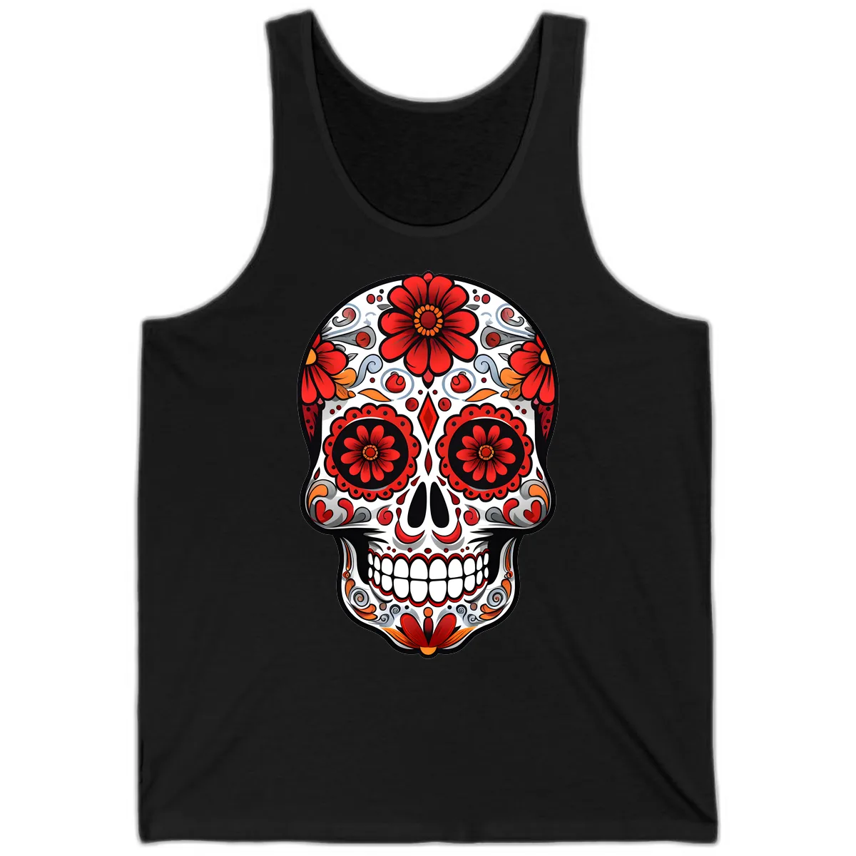 Vibrant Floral Calavera Sugar Skull Design Tank in Black