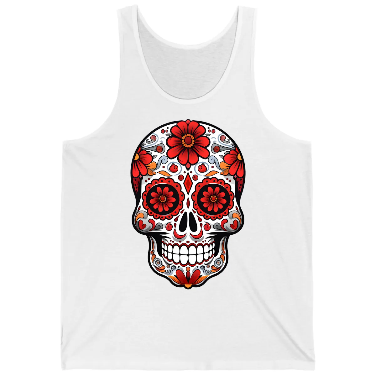 Vibrant Floral Calavera Sugar Skull Design Tank in White