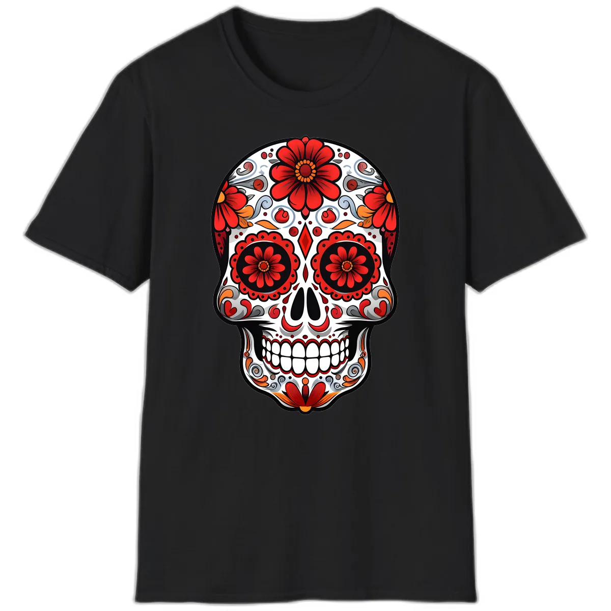 Vibrant Floral Calavera Sugar Skull Design T-Shirt in Black