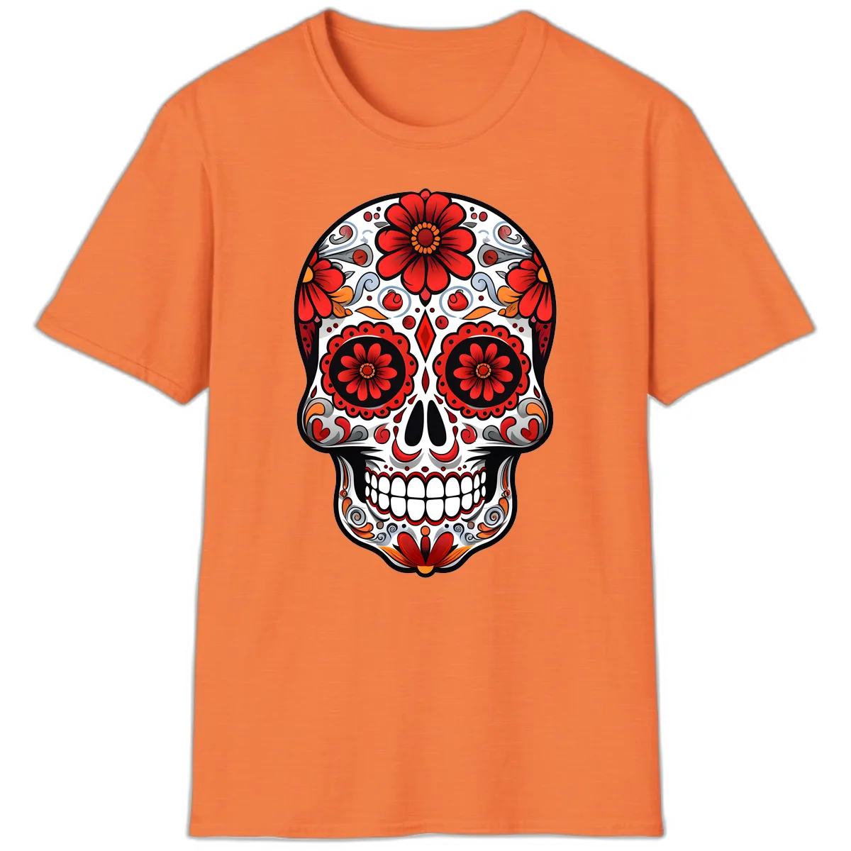 Vibrant Floral Calavera Sugar Skull Design T-Shirt in Heather Orange