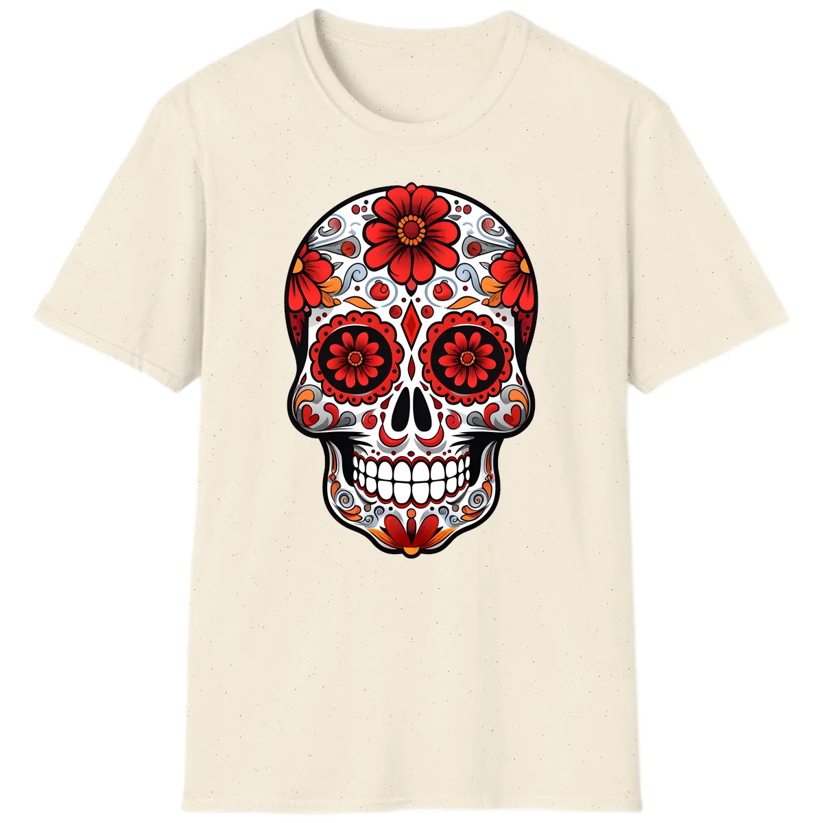Vibrant Floral Calavera Sugar Skull Design T-Shirt in Natural