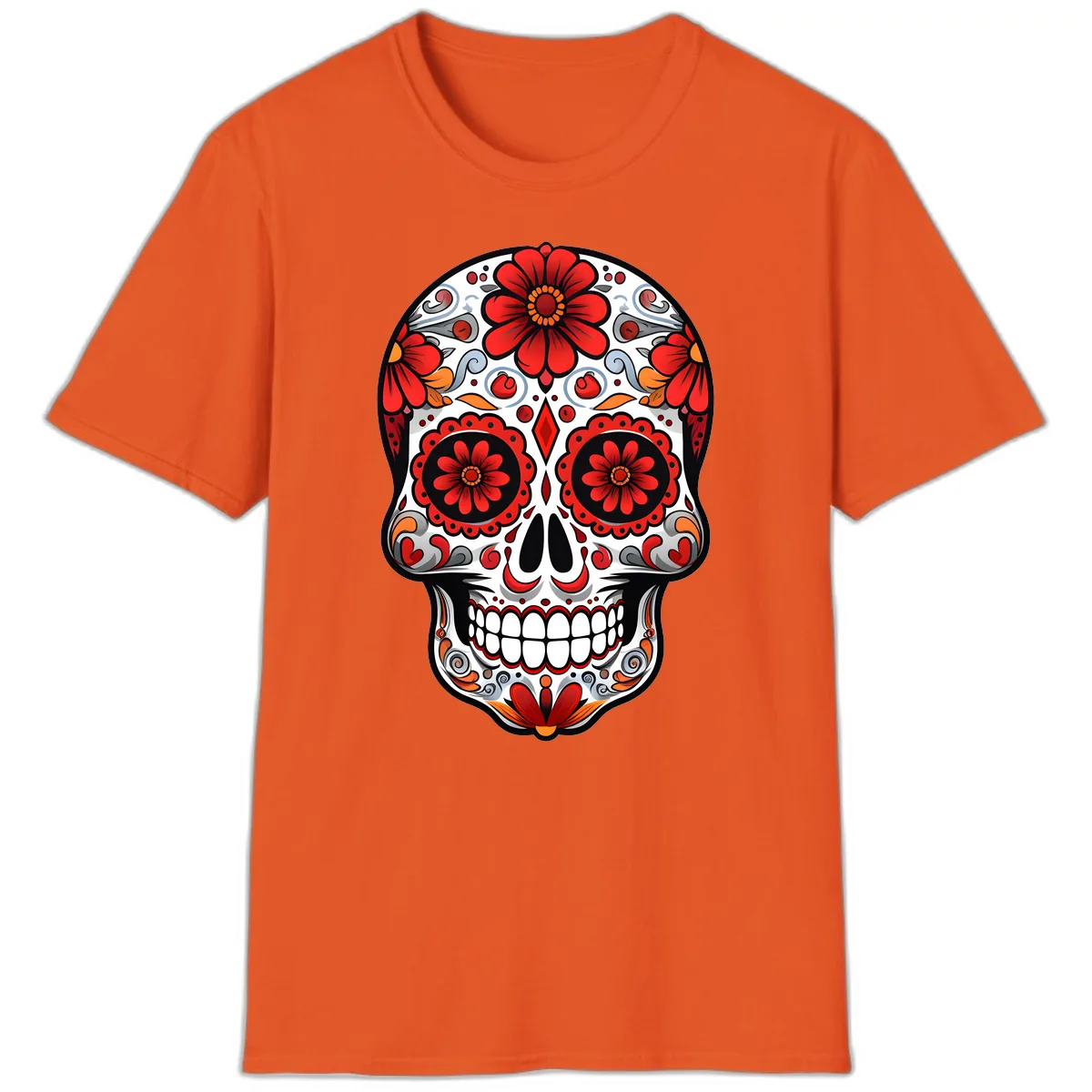 Vibrant Floral Calavera Sugar Skull Design T-Shirt in Orange
