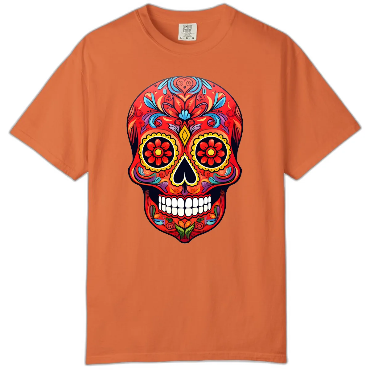 Vibrant Calavera Sugar Skull Artwork Comfort Color in Burnt Orange