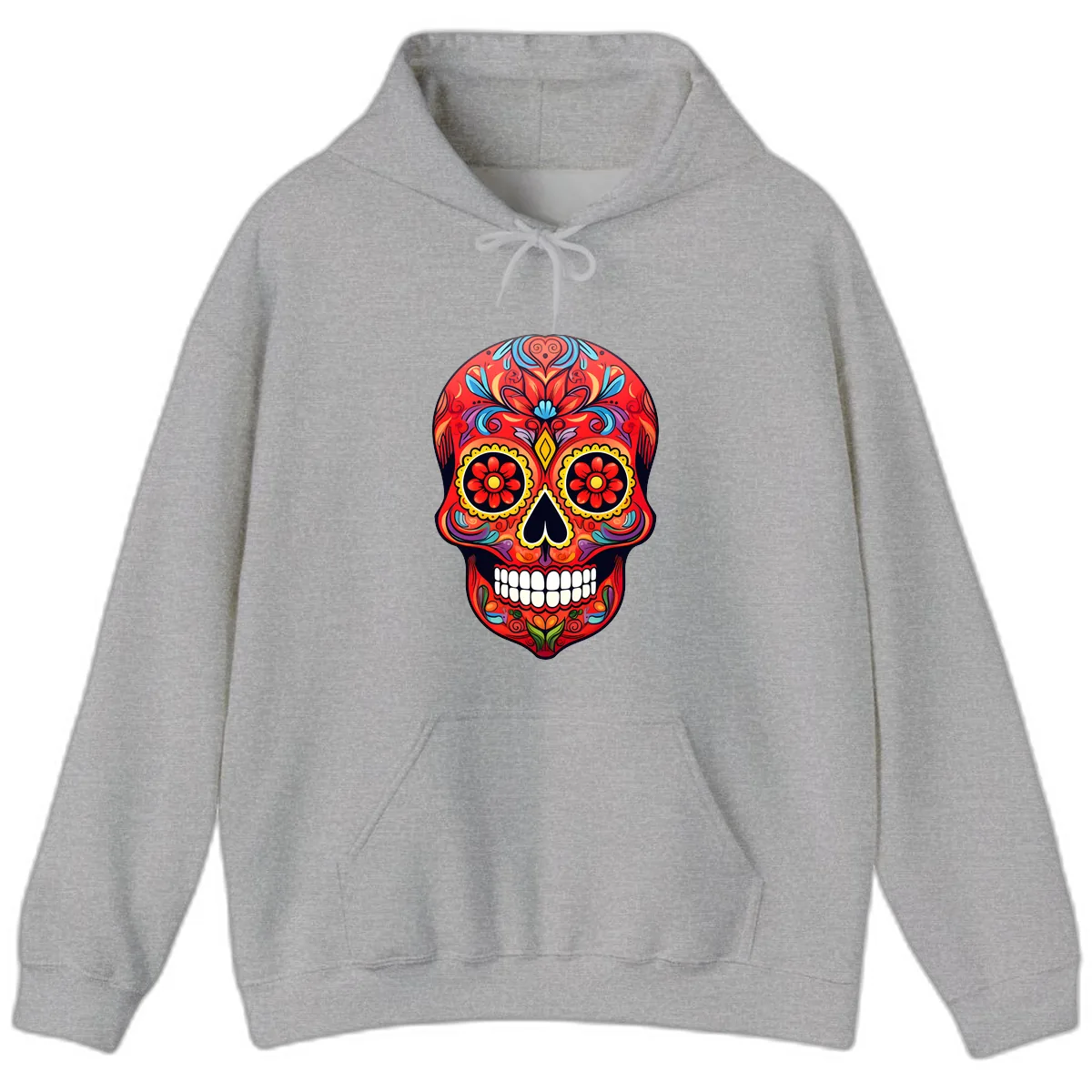 Vibrant Calavera Sugar Skull Artwork Hoodie in Sport Grey