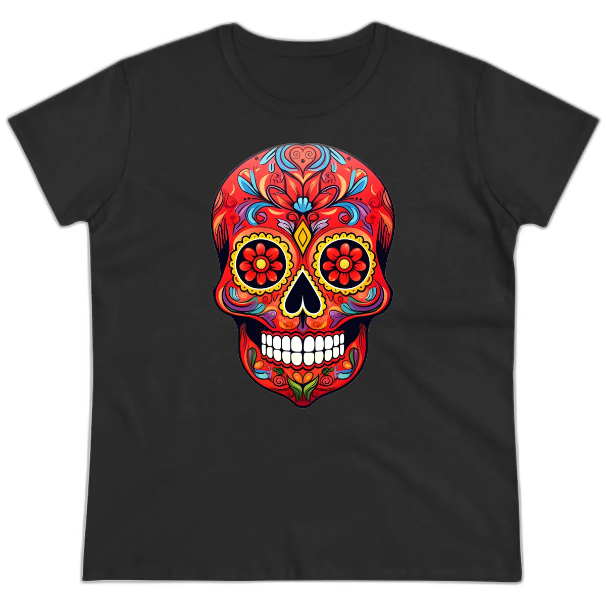 Vibrant Calavera Sugar Skull Artwork Ladies Tee in Black