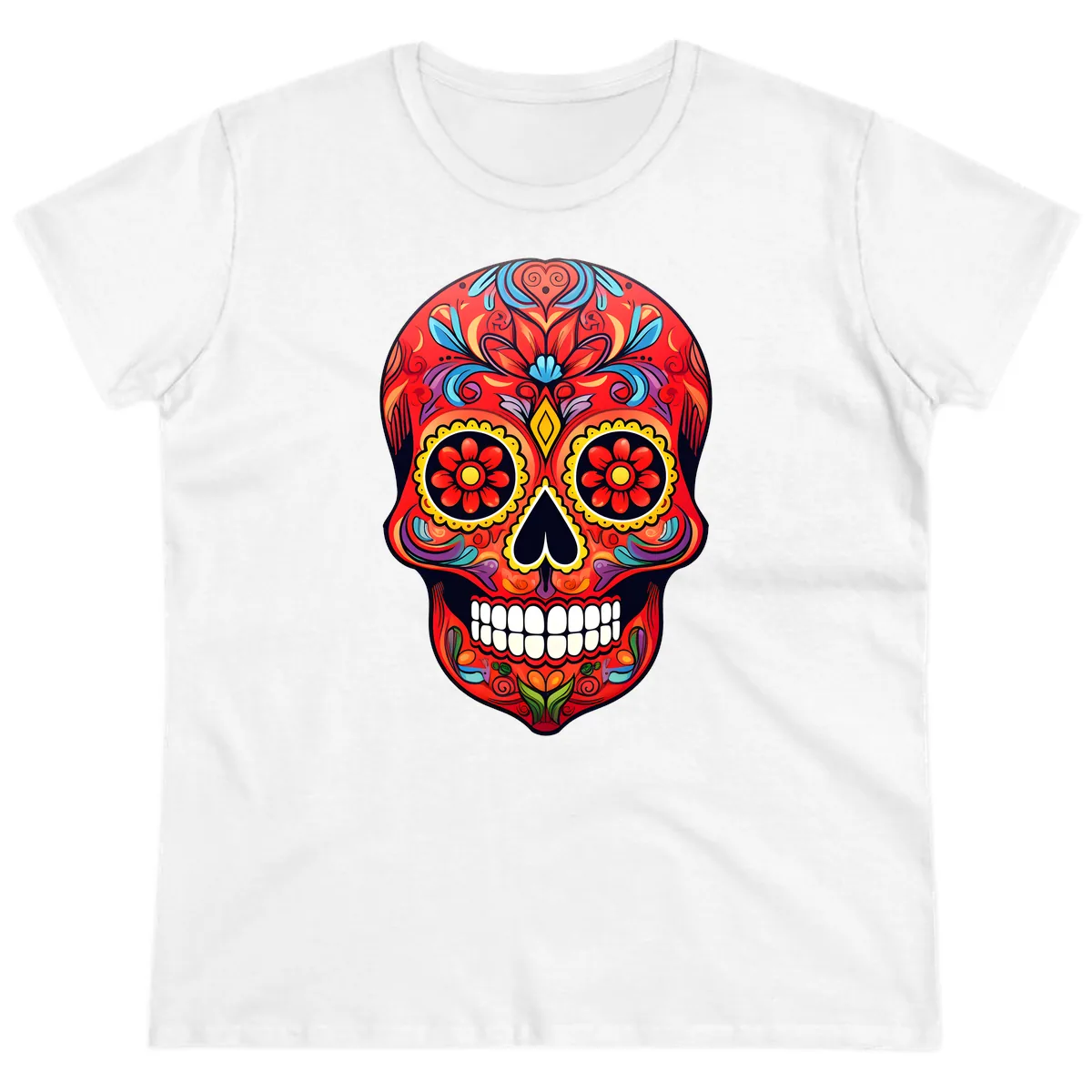 Vibrant Calavera Sugar Skull Artwork Ladies Tee in White