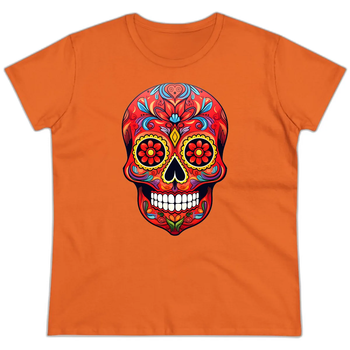Vibrant Calavera Sugar Skull Artwork Ladies Tee in Orange