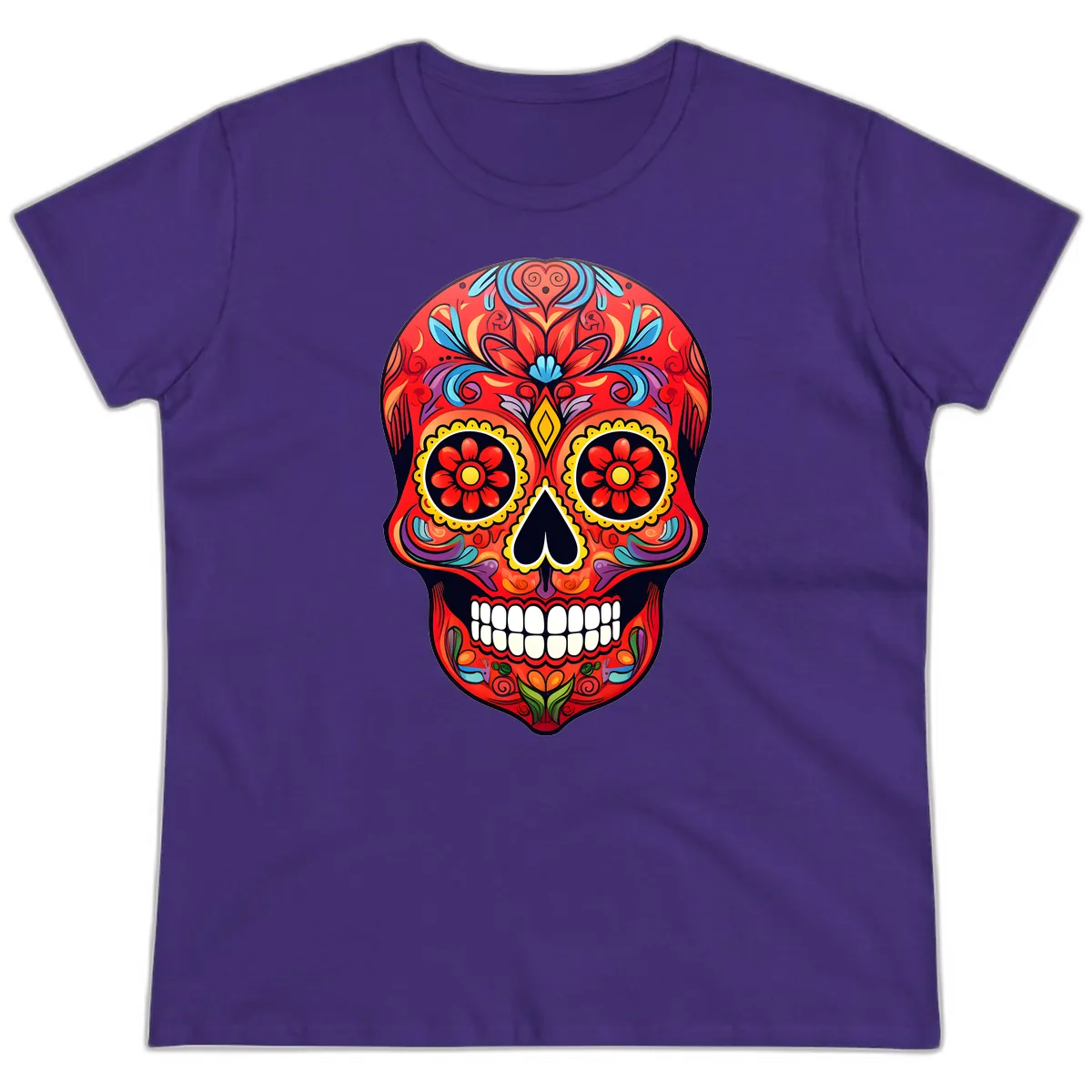 Vibrant Calavera Sugar Skull Artwork Ladies Tee in Purple