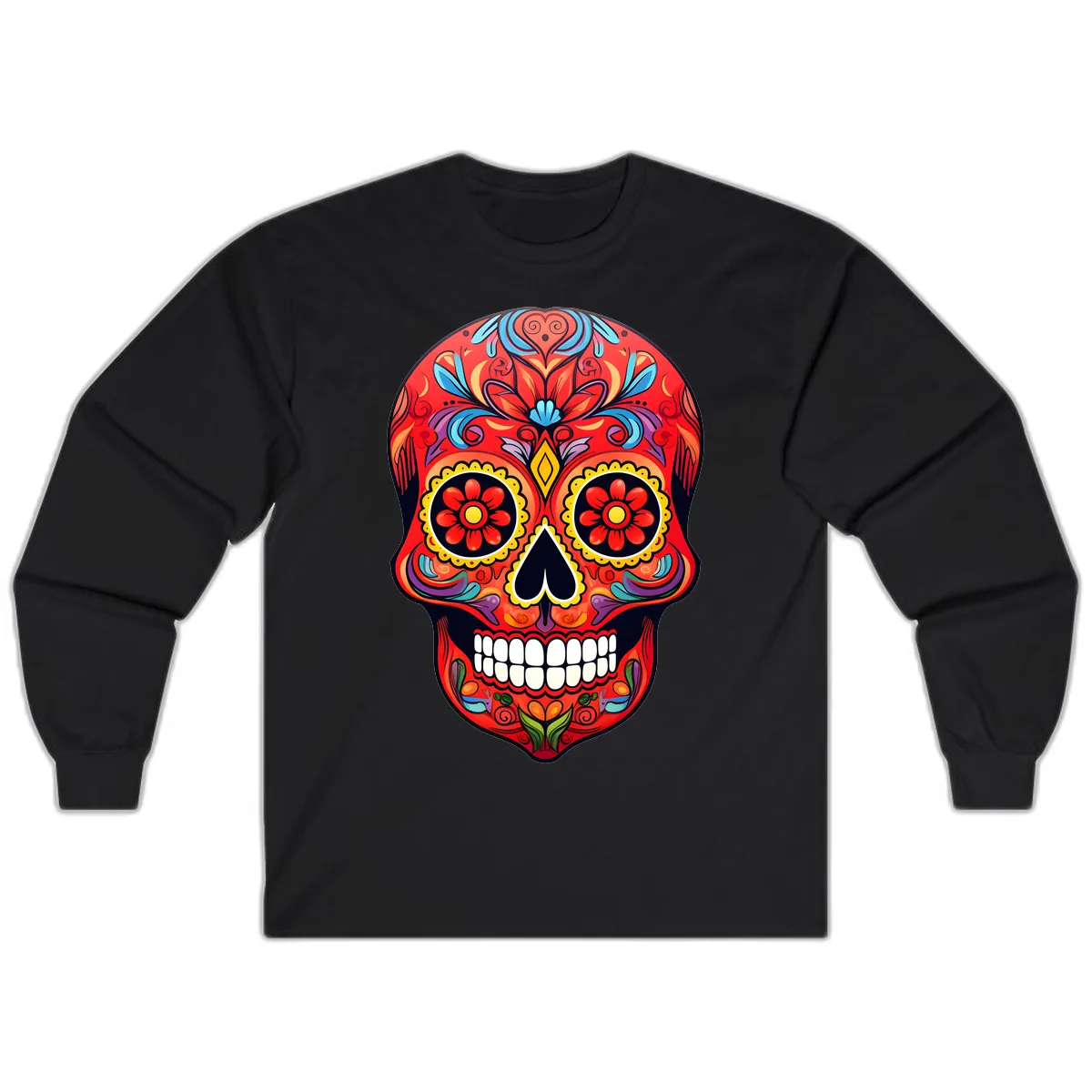 Vibrant Calavera Sugar Skull Artwork Long Sleeve in Black