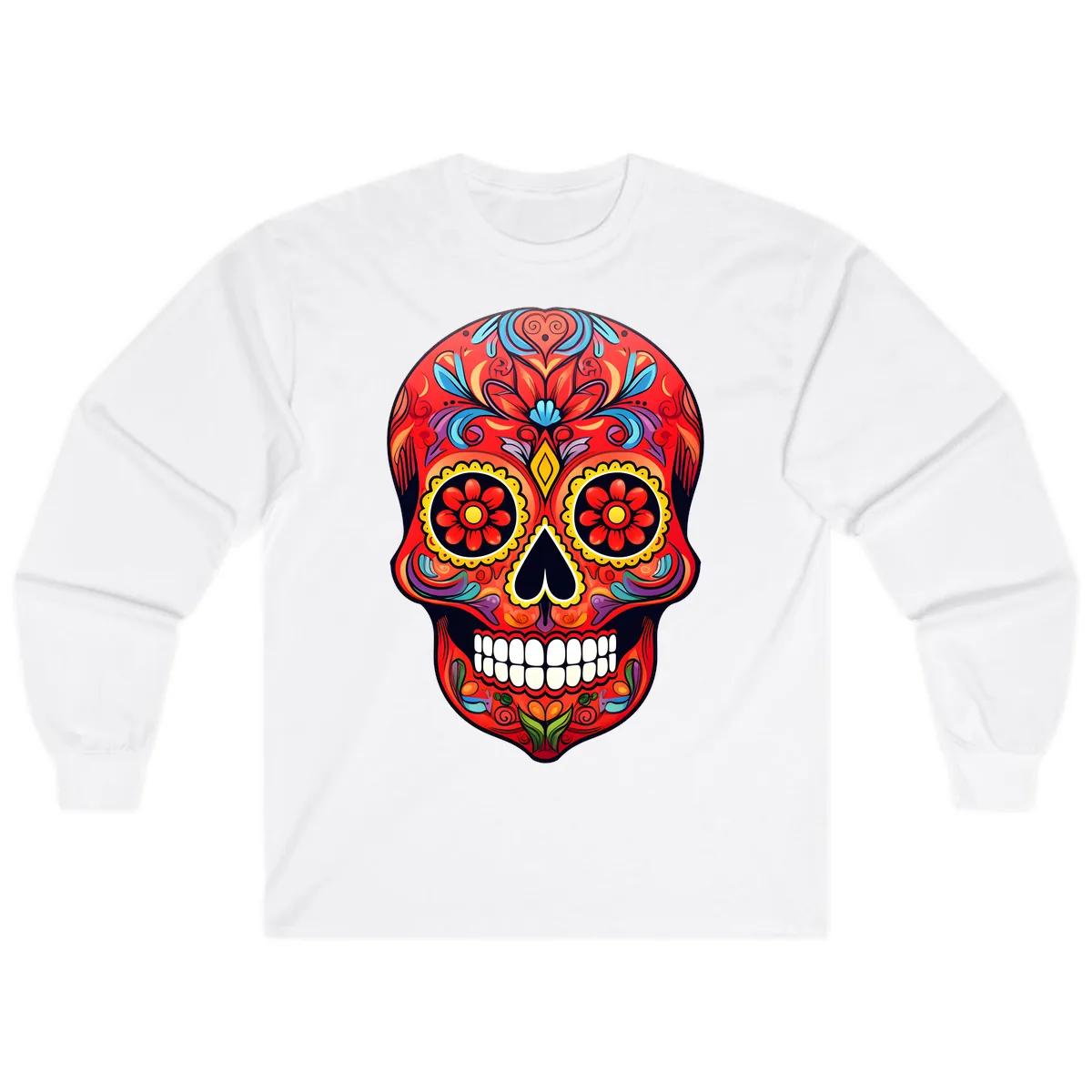 Vibrant Calavera Sugar Skull Artwork Long Sleeve in White
