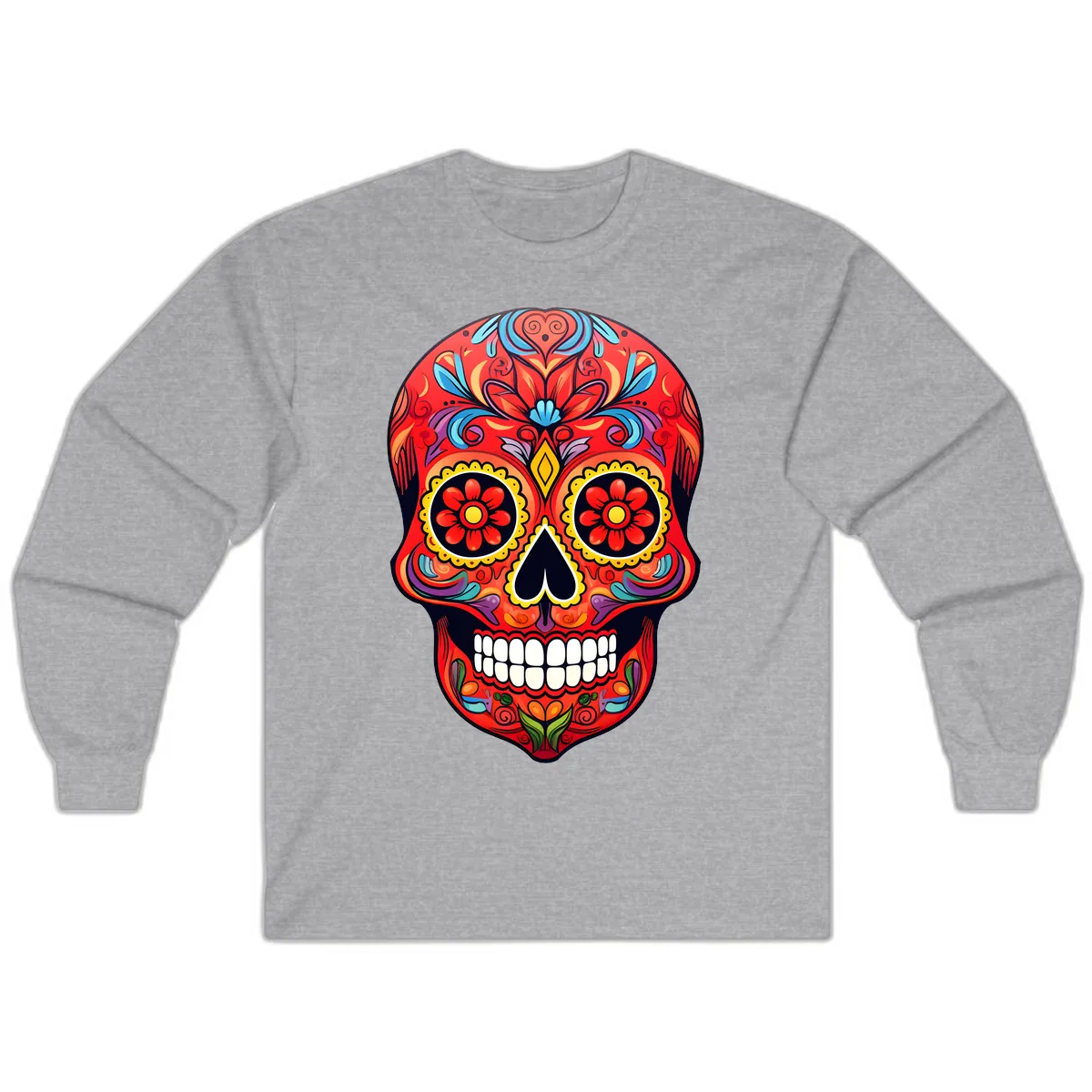 Vibrant Calavera Sugar Skull Artwork Long Sleeve in Sport Grey