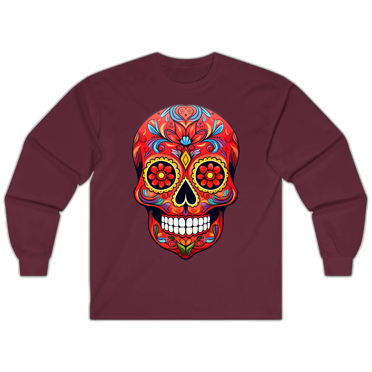 Vibrant Calavera Sugar Skull Artwork Long Sleeve in Maroon