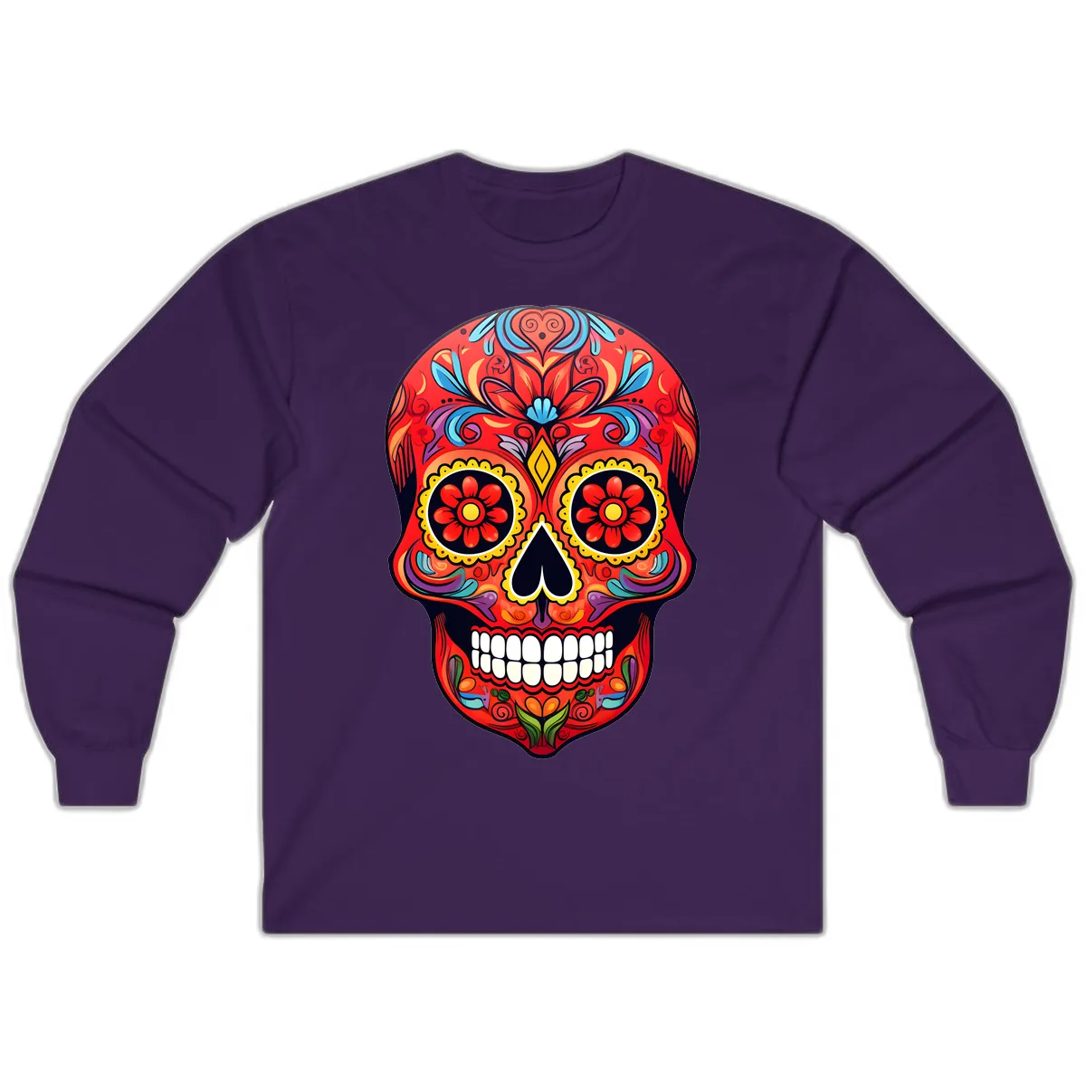Vibrant Calavera Sugar Skull Artwork Long Sleeve in Purple