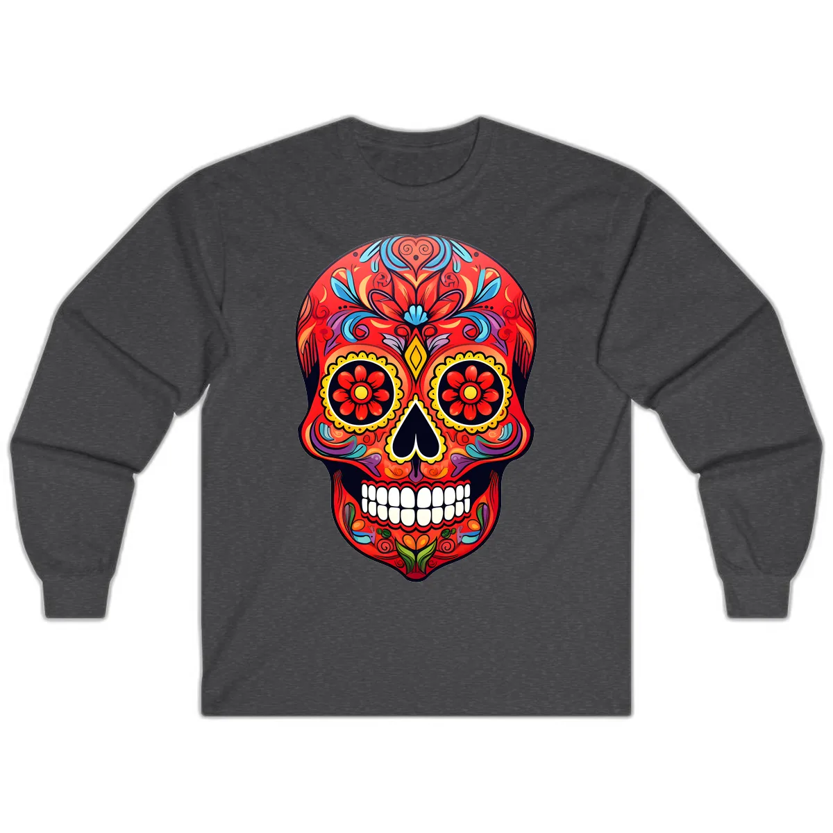 Vibrant Calavera Sugar Skull Artwork Long Sleeve in Dark Heather