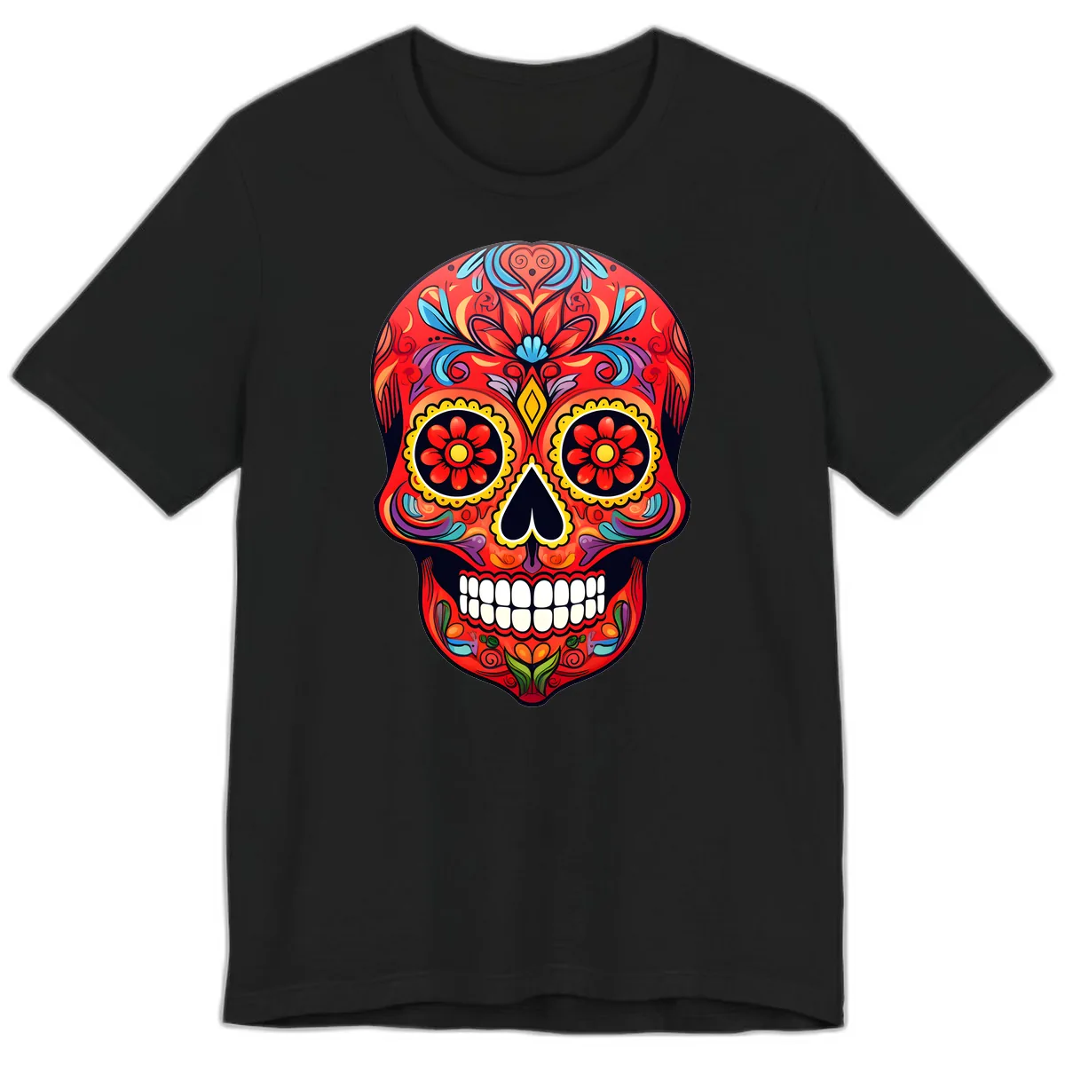 Vibrant Calavera Sugar Skull Artwork Premium T-Shirt in Black