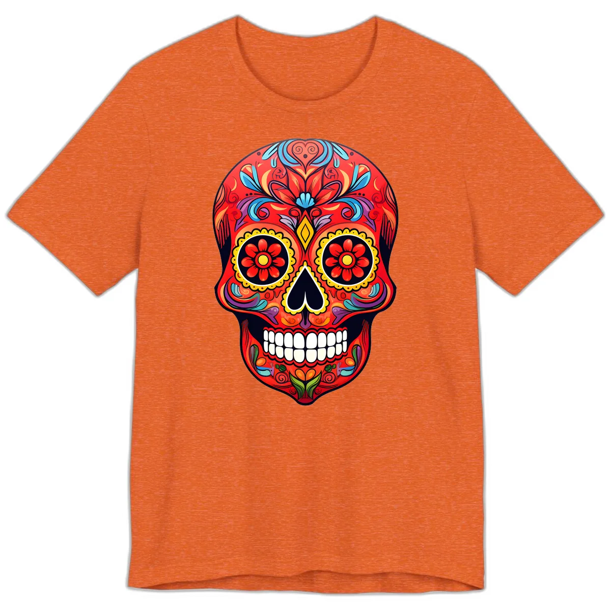 Vibrant Calavera Sugar Skull Artwork Premium T-Shirt in Heather Orange