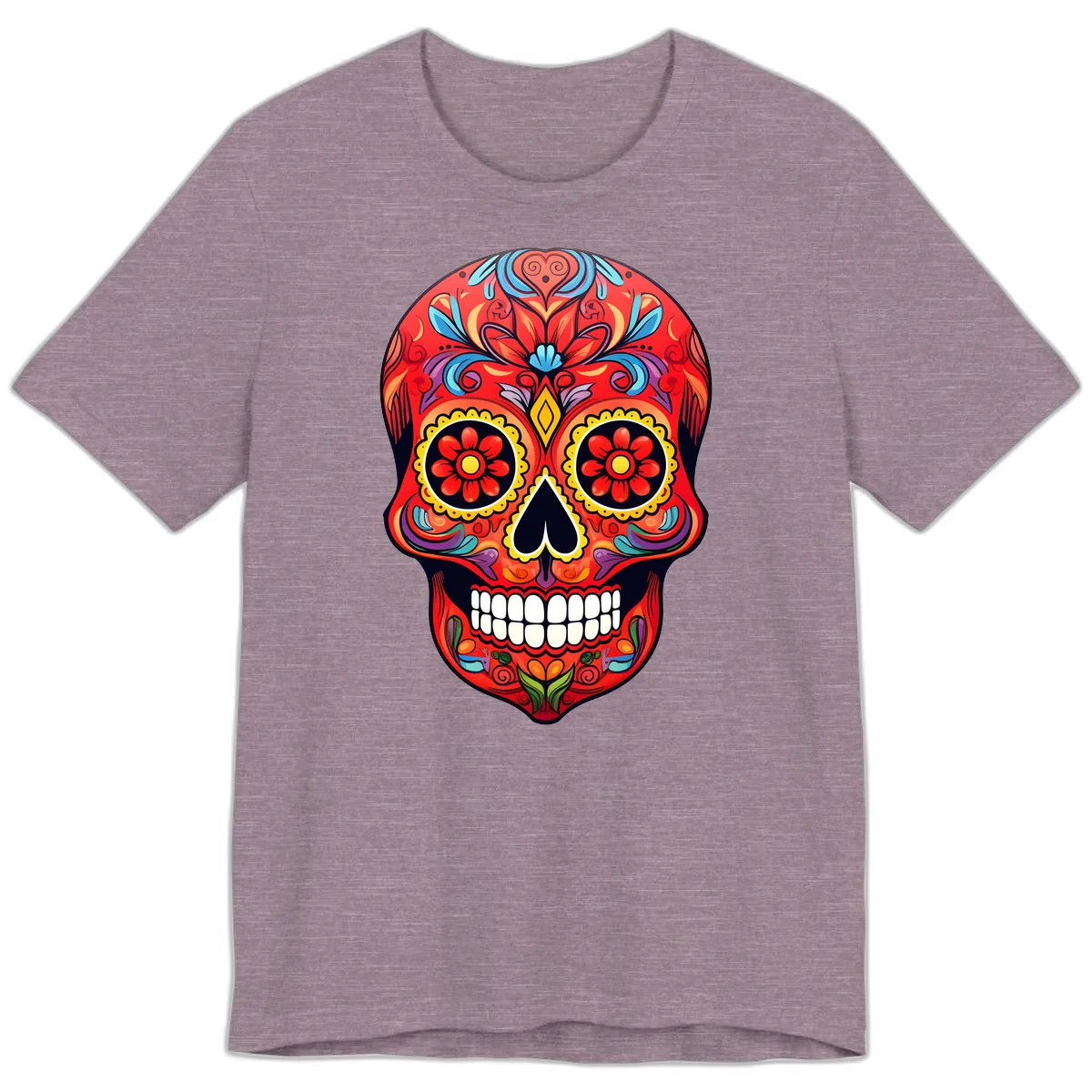 Vibrant Calavera Sugar Skull Artwork Premium T-Shirt in Heather Purple