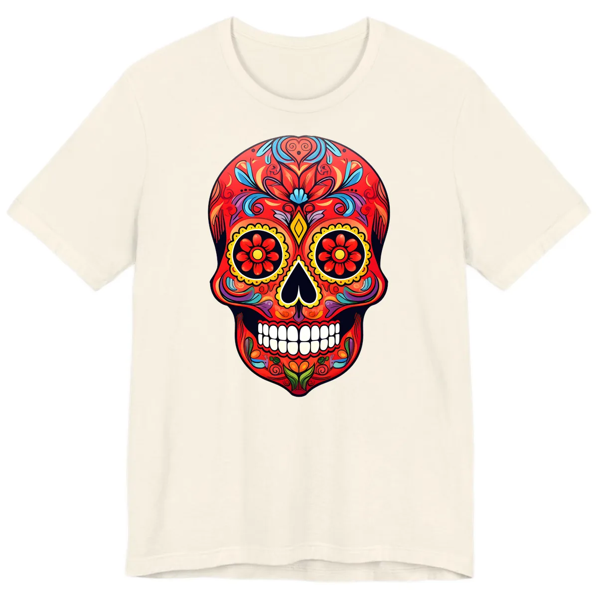 Vibrant Calavera Sugar Skull Artwork Premium T-Shirt in Natural