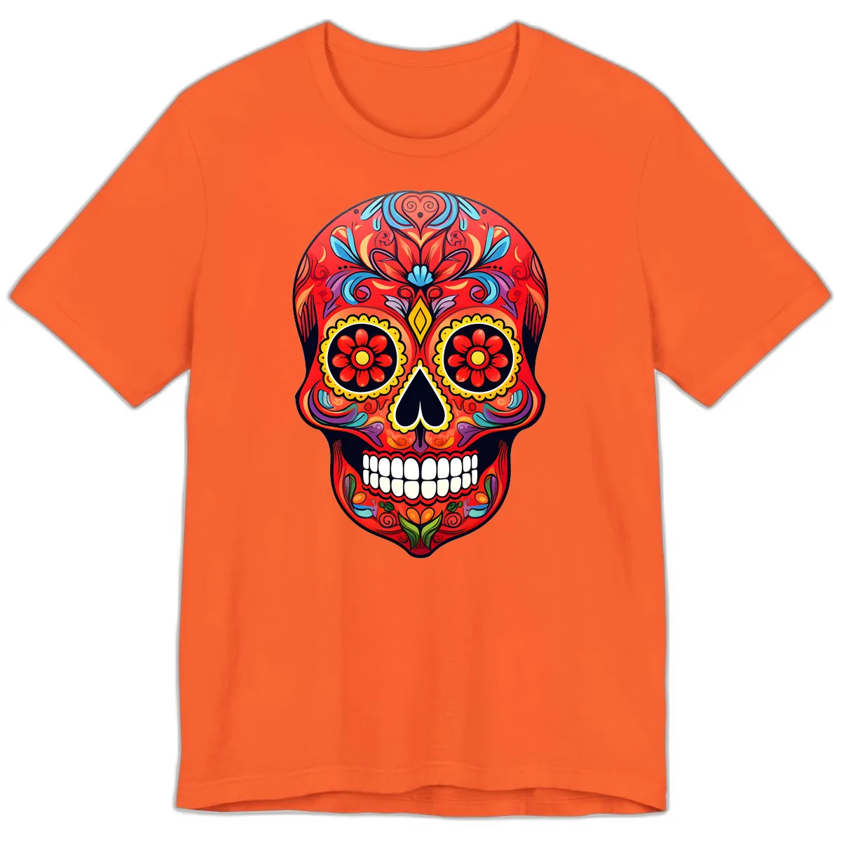 Vibrant Calavera Sugar Skull Artwork Premium T-Shirt in Orange