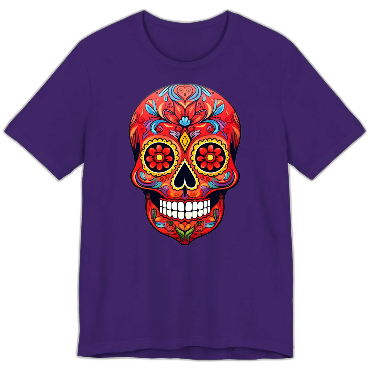 Vibrant Calavera Sugar Skull Artwork Premium T-Shirt in Team Purple