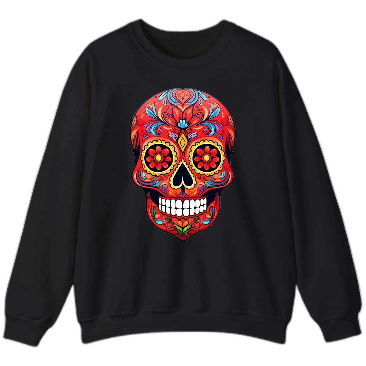 Vibrant Calavera Sugar Skull Artwork Sweatshirt in Black