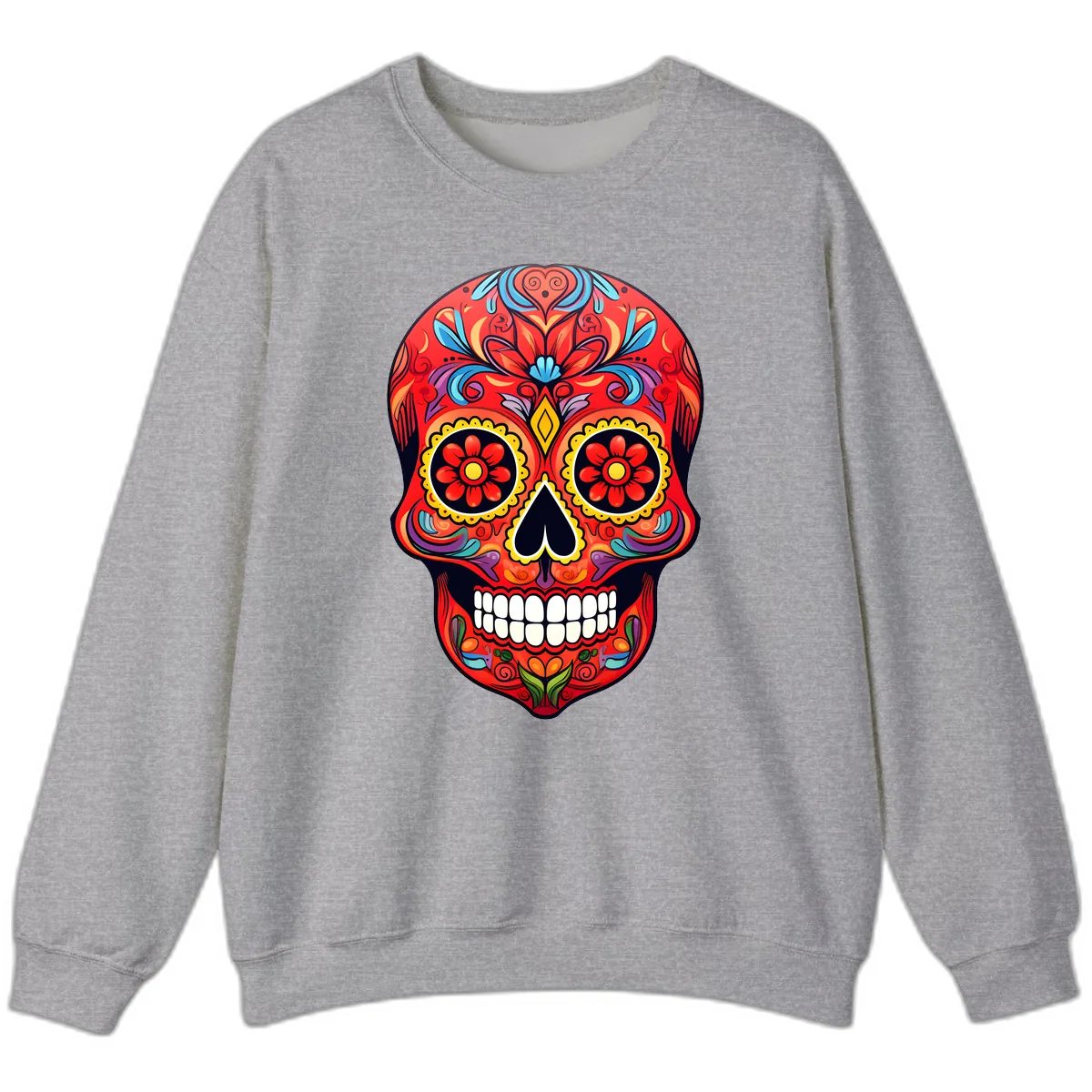 Vibrant Calavera Sugar Skull Artwork Sweatshirt in Sport Grey