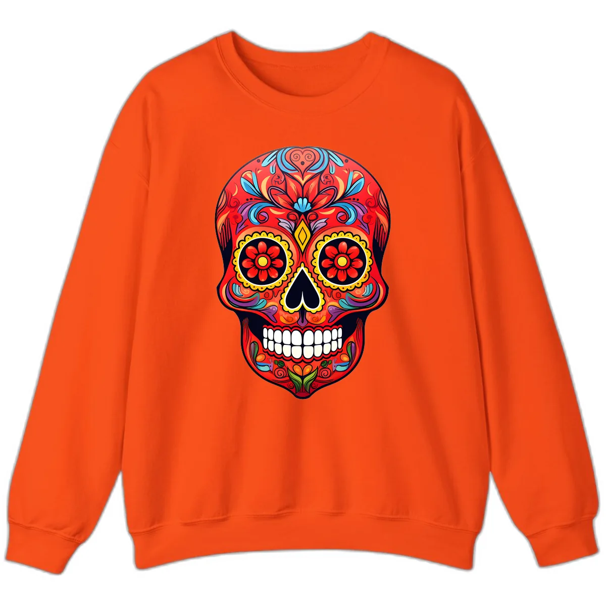 Vibrant Calavera Sugar Skull Artwork Sweatshirt in Orange