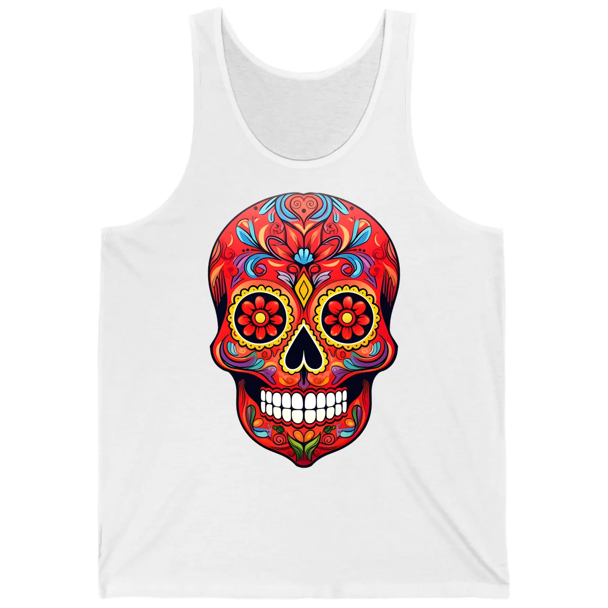 Vibrant Calavera Sugar Skull Artwork Tank in White