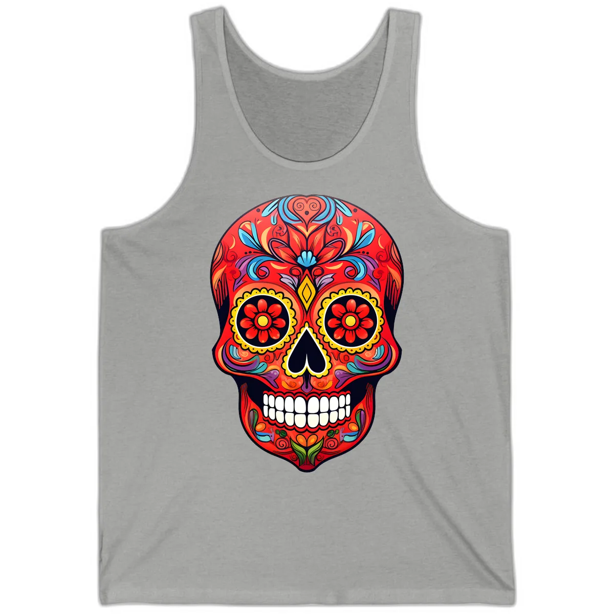 Vibrant Calavera Sugar Skull Artwork Tank in Athletic Heather