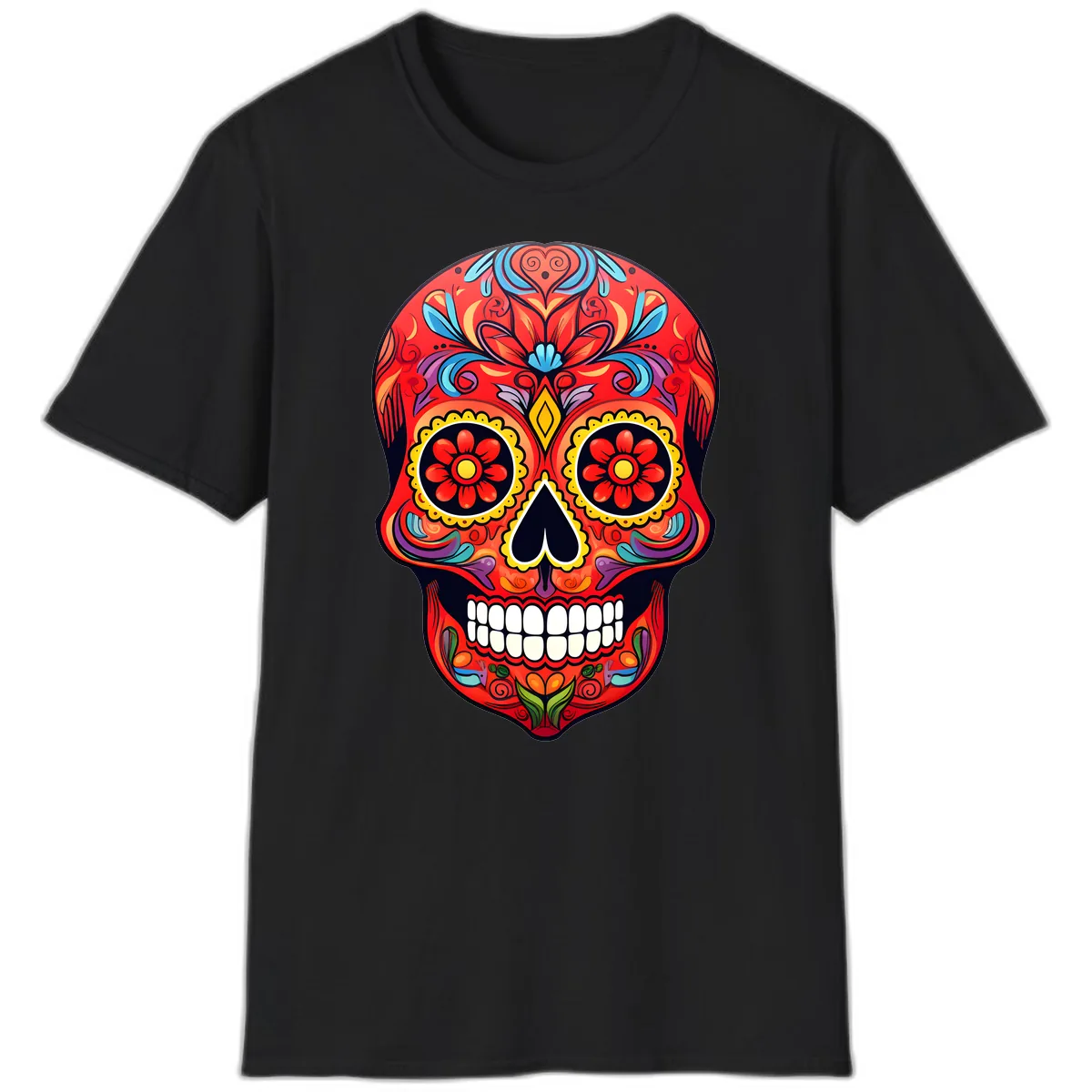 Vibrant Calavera Sugar Skull Artwork T-Shirt in Black