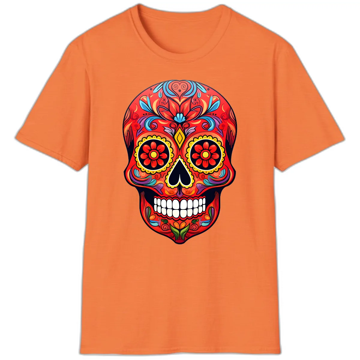 Vibrant Calavera Sugar Skull Artwork T-Shirt in Heather Orange