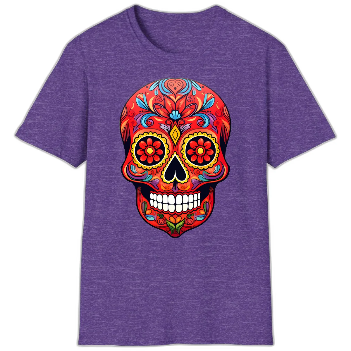 Vibrant Calavera Sugar Skull Artwork T-Shirt in Heather Purple