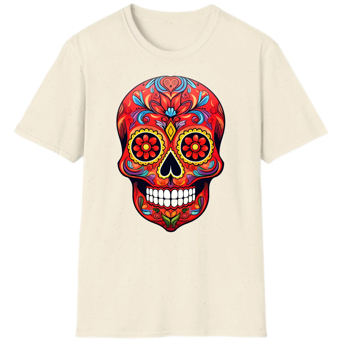 Vibrant Calavera Sugar Skull Artwork T-Shirt in Natural