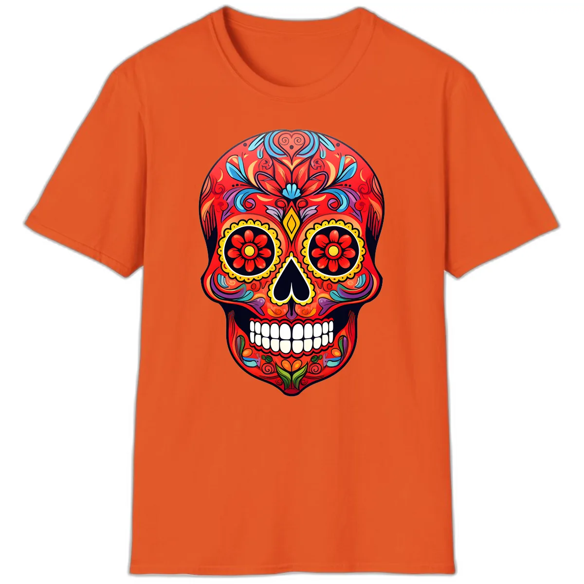 Vibrant Calavera Sugar Skull Artwork T-Shirt in Orange