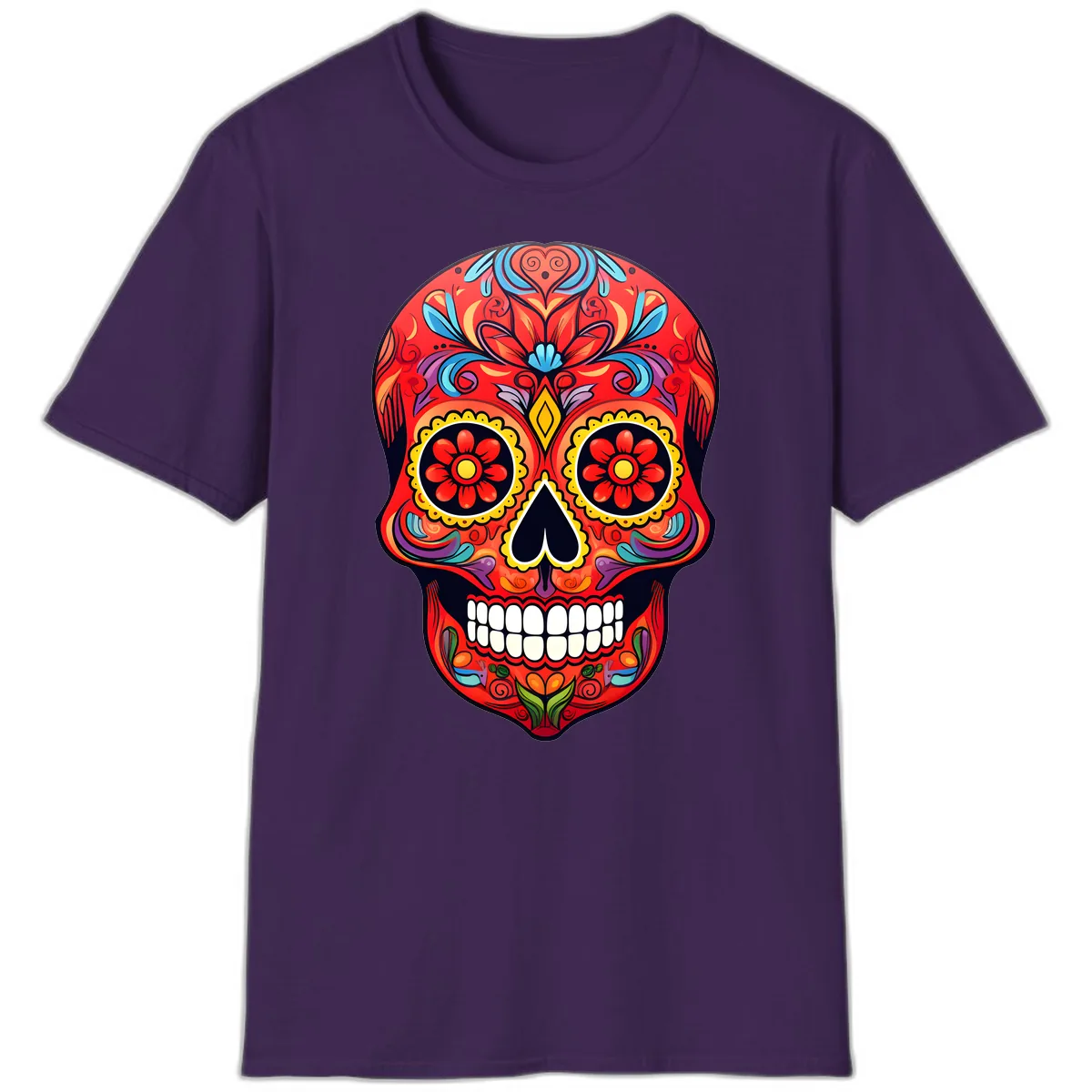 Vibrant Calavera Sugar Skull Artwork T-Shirt in Purple