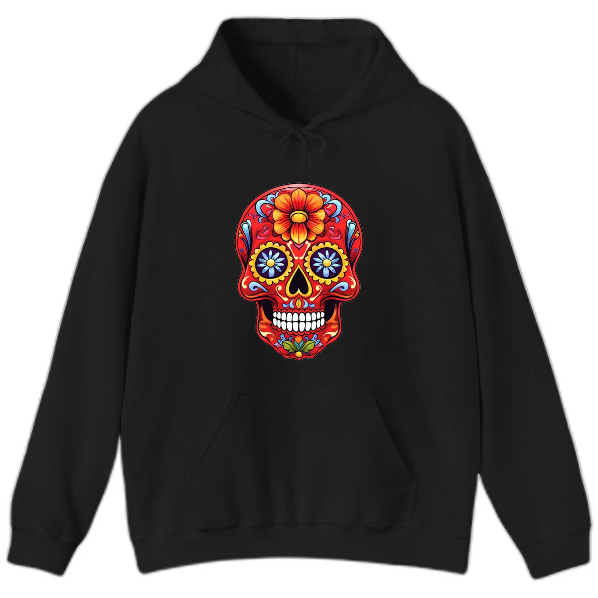 Vibrant Calavera Sugar Skull Design Hoodie in Black