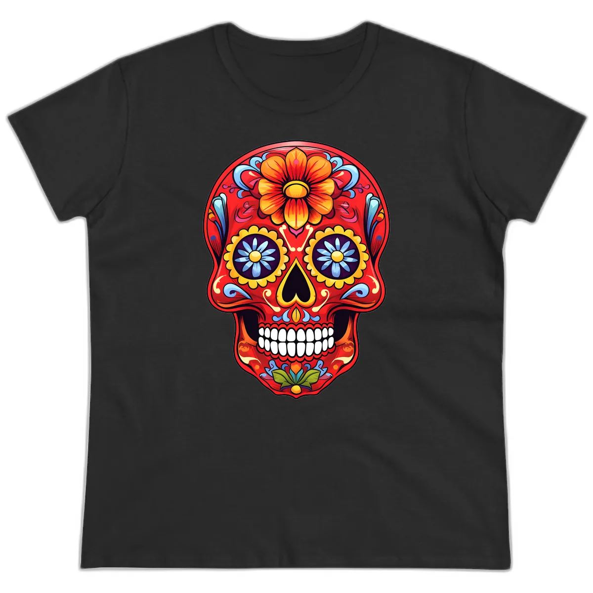 Vibrant Calavera Sugar Skull Design Ladies Tee in Black