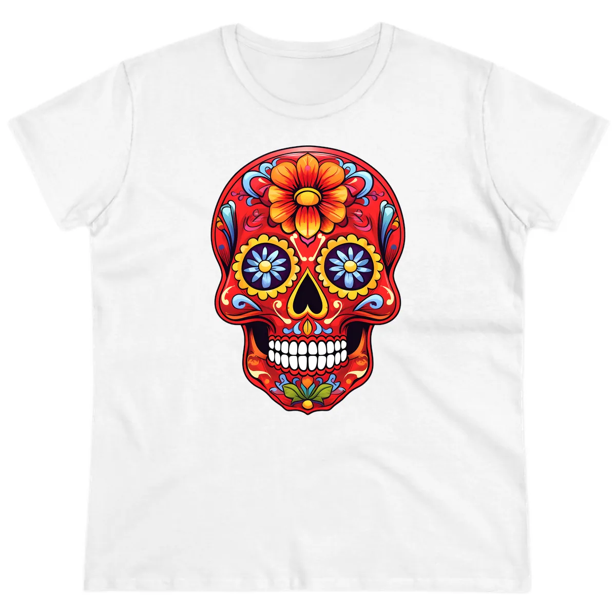 Vibrant Calavera Sugar Skull Design Ladies Tee in White