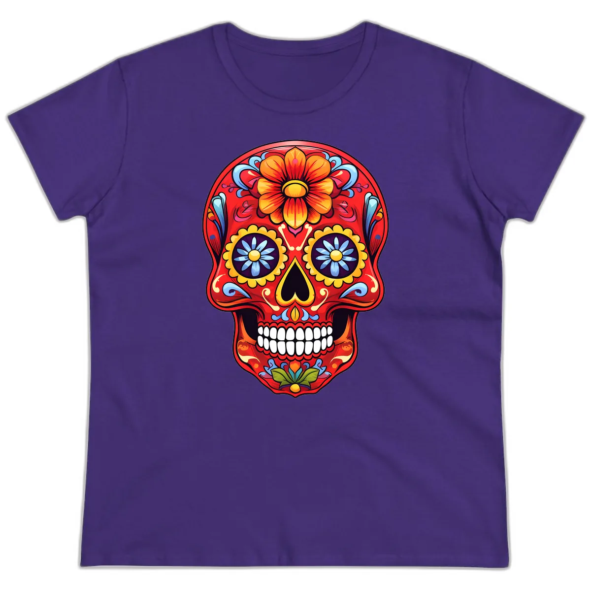 Vibrant Calavera Sugar Skull Design Ladies Tee in Purple